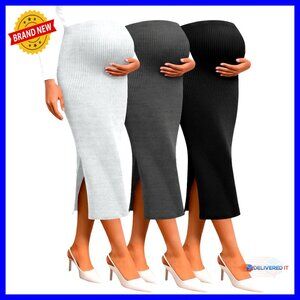 3 Pack Maternity Skirts Split Midi High Waist Ribbed Knit Stretchy Pencil Long